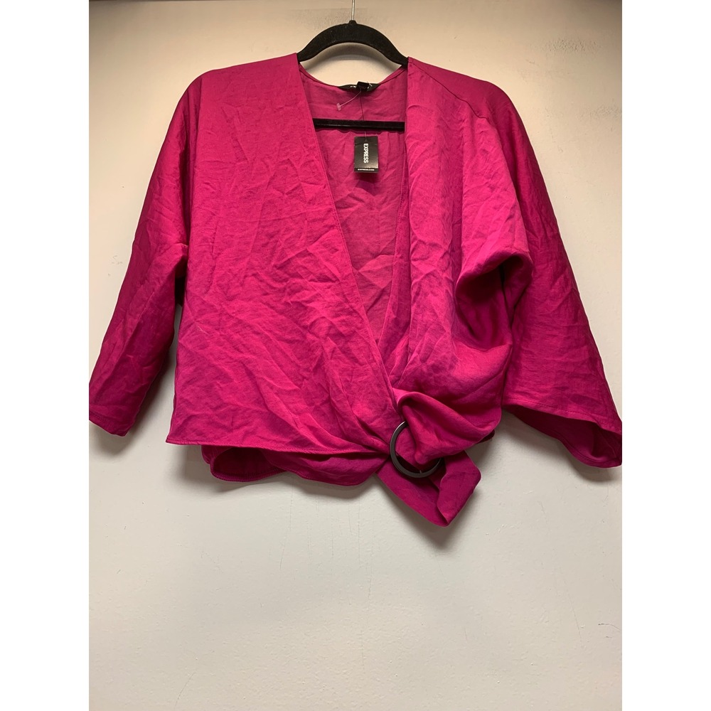 Express Wrap Top Womens Medium Pink NEW Ring Detail V-Neck‎ 3/4 Sleeve Blouse